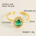 18K gold plated stainless steel adjustable ring with green zircon and white crystals - Oval Ring (608) - Green Zircon