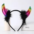 Rainbow gradient sequin devil horn headband with black feathers for Halloween party - Metallic Rainbow Horns + Black Feather + Black Headband