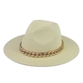 Detailed view of beige straw fedora with thick gold metal chain and flat brim - Adult 57-60cm / Off White