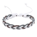 Detailed shot of handmade braided cord bracelet with adjustable knot in white, grey, and brown - White Grey Brown