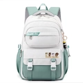 Minimalist student backpack in white and mint green with cartoon prints and a cute charm - Grey Blue