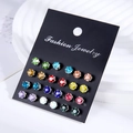 Set of 12 pairs of sparkling multi-color zircon stud earrings on black card display - 12 Pairs Multicolor Rhinestone Set (E0182-1)