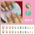 Fresh green floral press-on nails set with daisy patterns and wavy lines designs - W414 (Glue Style)