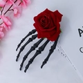 Gothic Halloween hair clip featuring a skeleton hand and dark red artificial rose flower - Rose Hairpin - Black Skeleton Hand