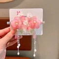 Pink floral tassel hair clip for girls with resin petals and hanging white pearls - 20# Double Layer Flower Pink