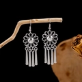 Silver sunflower drop earrings with long metal tassels in vintage bohemian style - E2874-31/Sunflower Long Tassel