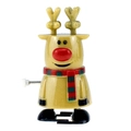 Close-up of a yellow reindeer clockwork toy with a red nose and festive plaid scarf - Wind-up Walking Light Coffee Reindeer
