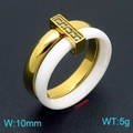 Minimalist white ceramic and gold titanium steel ring with sparkling zircon inlay - US 7 / Interlocking Double Band With Horizontal Bar (KR114409-GC)