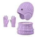 Purple cable knit 3-piece winter set for kids with warm lining and touchscreen gloves - 3-Piece Set - Solid Purple