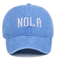 Close-up of embroidered NOLA lettering on washed blue cotton baseball cap detail - Adjustable / Light Blue