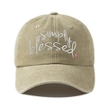 Detail of embroidered Simply Blessed text and pink cross on khaki washed cotton cap - Adjustable / Khaki