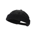 Black vintage distressed brimless beanie with ribbed knit and trendy ripped details - Black