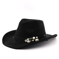 Dettaglio di cappello da cowboy in feltro nero con perle e decori dorati - M (56-58cm) / Nero