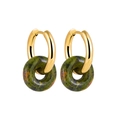 18K gold plated stainless steel hoop earrings with round green unakite natural stone charms - Dark Green
