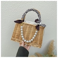 Handwoven straw tote bag with pearl chain and houndstooth scarf handle detail - Square Bag + Pearl Chain + Letter Ribbon