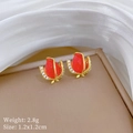 Macro shot of red tulip stud earrings with gold finish and white cubic zirconia accents - Rose Flower Stud Earrings (D150)