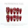 Red and gold handmade press-on nails with 3D Xi character for Chinese weddings - Medium (M) / Wedding Nails