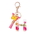 Resin letter H keychain with dried flowers, gold leaf, pink tassel and butterfly - Flower Pattern H