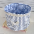 Blue striped quilted cotton storage basket with white lace trim and ribbon bow detail - Blue Stripe