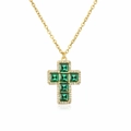 Gold cross necklace with green square-cut crystals and white pave diamonds for women - Gold Green Zirconia