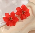 Elegant floral stud earrings featuring vibrant red petals and gold bead centers - Red