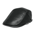 Classic black genuine leather flat cap for men with adjustable metal side buckle - 3-Piece Side Adjustable Flat Cap Black