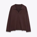 Completo casual da donna con polo in maglia a maniche lunghe marrone scuro e pantaloni - S / Tops