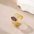 Adjustable gold plated stainless steel ring featuring multi-layer bands and a purple zircon - Gold-Purple Zirconia (Marquise)