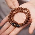 Natural Nanmu wood Buddhist prayer beads wrapped on palm with vintage brass accents - Golden Sandalwood DIY Double Circle Bracelet