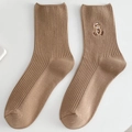Caramel brown cotton crew socks with cute bear embroidery and ribbed knit texture - One Size / Khaki