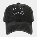 Gorra de béisbol vintage de algodón lavado negro con bordado de gato blanco minimalista - Ajustable / Negro