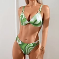 Women's 3-piece bikini with green marble swirl print and hollow side high-waist pants - Light Green Bikini