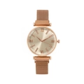 Minimalist rose gold women's watch with Milanese mesh strap and crystal dial markers - Rose Gold White