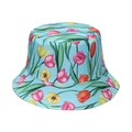 Detailed view of tulip floral print and stitched brim on the cotton bucket hat - M (56-58cm) / Light Blue Tulip Print