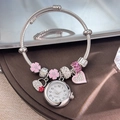Silver charm bracelet watch with pink floral pendant and sparkling crystal beads - Silver Heart Bag Bangle