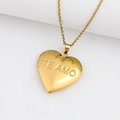 Golden heart locket necklace with Te Amo engraving and matching O-chain in gold finish - TEAMO Heart/Gold