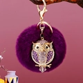Sparkling crystal owl keychain with purple faux fur ball and gold metal hook - A430 Owl T Deep Purple Plush Ball