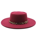 Detail of burgundy wool fedora with leopard print band and gold metal buckle accent - Burgundy
