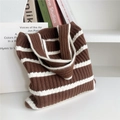 Detailed close-up of brown and white striped knit tote bag on a white minimalist surface - 31*52cm / Brown