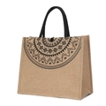 Eco-friendly jute tote bag with black mandala print and durable woven rope handles - Semicircle Mandala Print