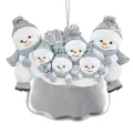 Resin Christmas ornament featuring 8 snowmen family with blue glitter hats and DIY name plate - 6 Snowmen Family Style