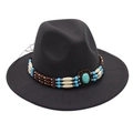 Dark grey wool felt fedora with a turquoise ethnic style beaded band for women - One Size / Dark Gray