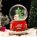 Red Christmas crystal ball music box with Santa, reindeer and Merry Christmas text - Santa with Backpack (262) / 8cm Music + Light