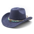 Navy blue faux suede western cowboy hat with ethnic braided band and sun medal - M (56-58cm) / Navy Blue