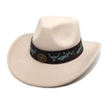 Détail du chapeau de cowboy en feutre beige avec broderie et emblème bronze - M (56-58cm) / Poche zippée