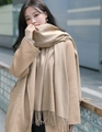 Elegant beige cashmere wool scarf with tassel detail worn by a model in winter settings - 200*70cm / Velvet-Touch Tassel Style / Red-Camel