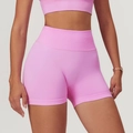 Women's seamless high-waisted yoga shorts in soft pink, featuring a ribbed tummy control waistband - Pink Purple