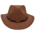 Detail of tan felt wide-brim cowboy hat with beaded band and gold feather pendant - Adult (57-60cm) / Khaki