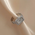 Creative silver watch-style ring with sparkling zircon border and chain link band - 23# Ring - Silver Watch Chain (Real Gold Plated)