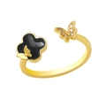 Verstellbarer 18K vergoldeter Ring mit schwarzem Kleeblatt und Schmetterling-Zirkon - Einstellbar Offen / Schwarz